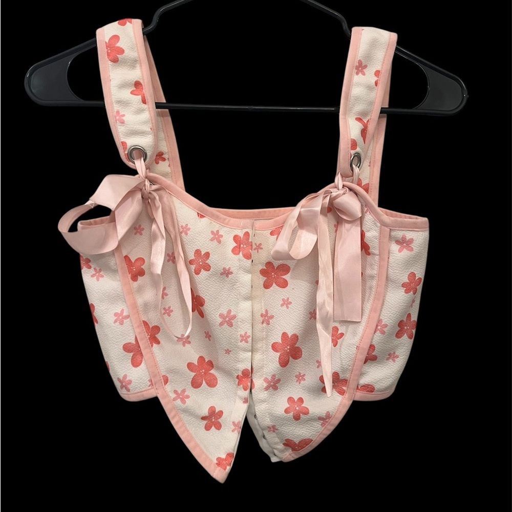 Pink Floral Corset Bustier Top with Ribbon Straps | Size Small | Stains